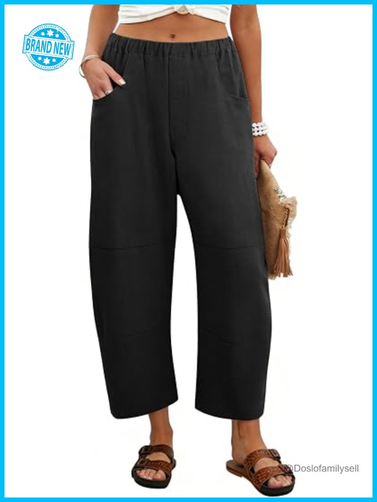 Linen Wide Leg Barrel Pants With Pockets Elastic Waist Casual